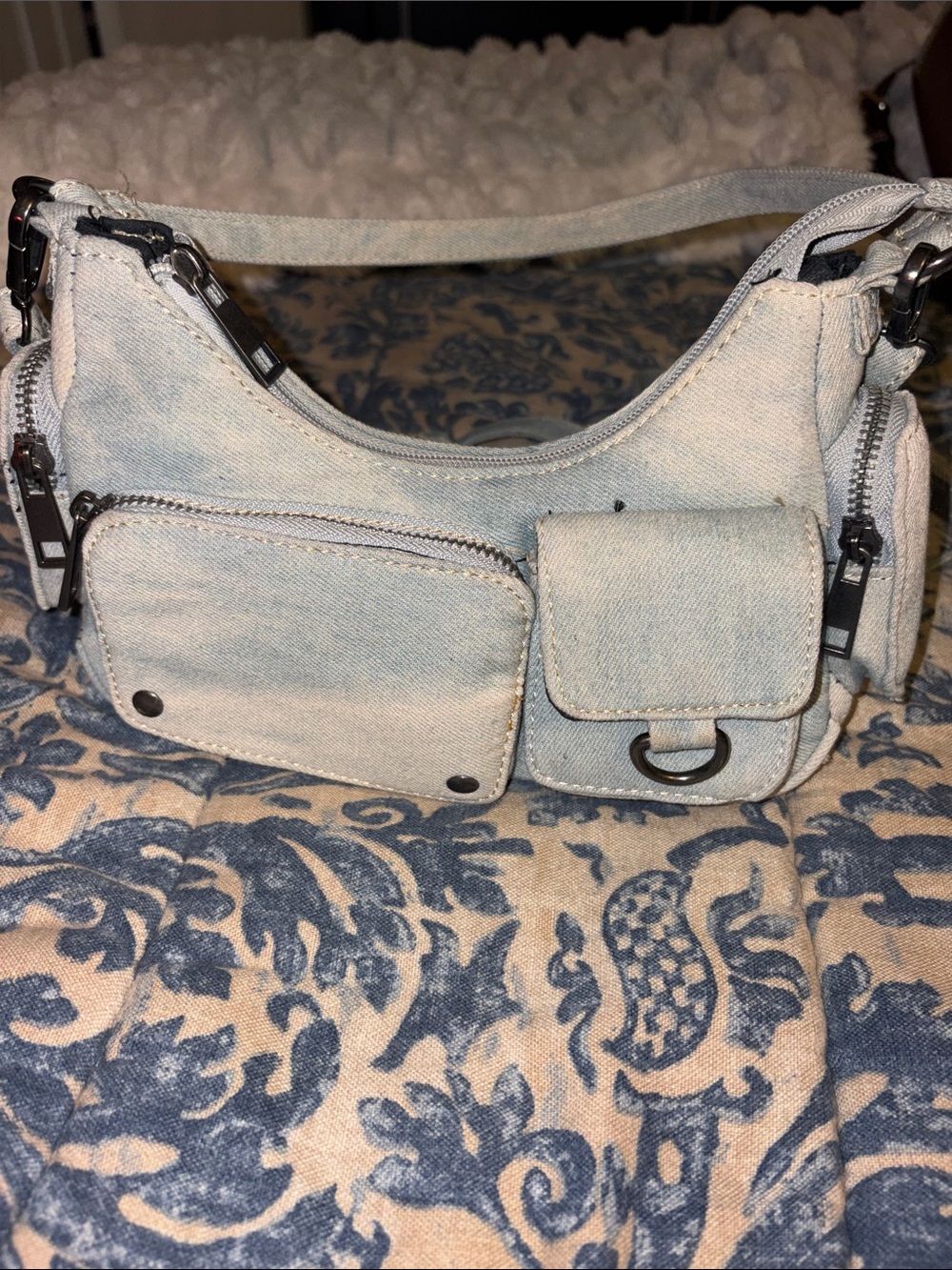 No Boundaries Y2K Light Blue Denim Shoulder Bag with Front Pockets and D-Ring